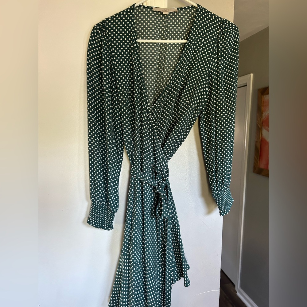 Green polka dot wrap dress from the Loft